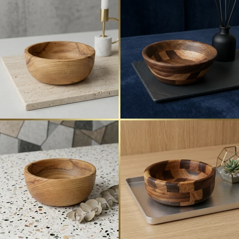 Four photographs of turned wooden bowls, plain and segmented, in different settings