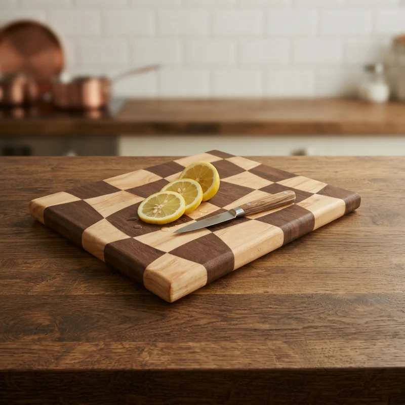 A chequered cutting board in light and dark wood with sliced lemon and a knife