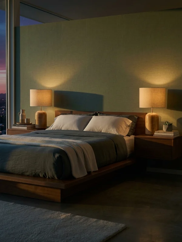 A pair of wooden cylinder bedside lamps glowing on either side of a bed