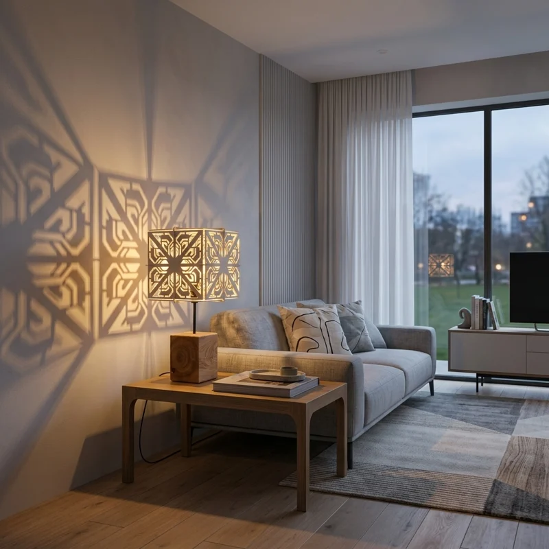 A geometric cube lamp on a side table casting patterned light in a living room