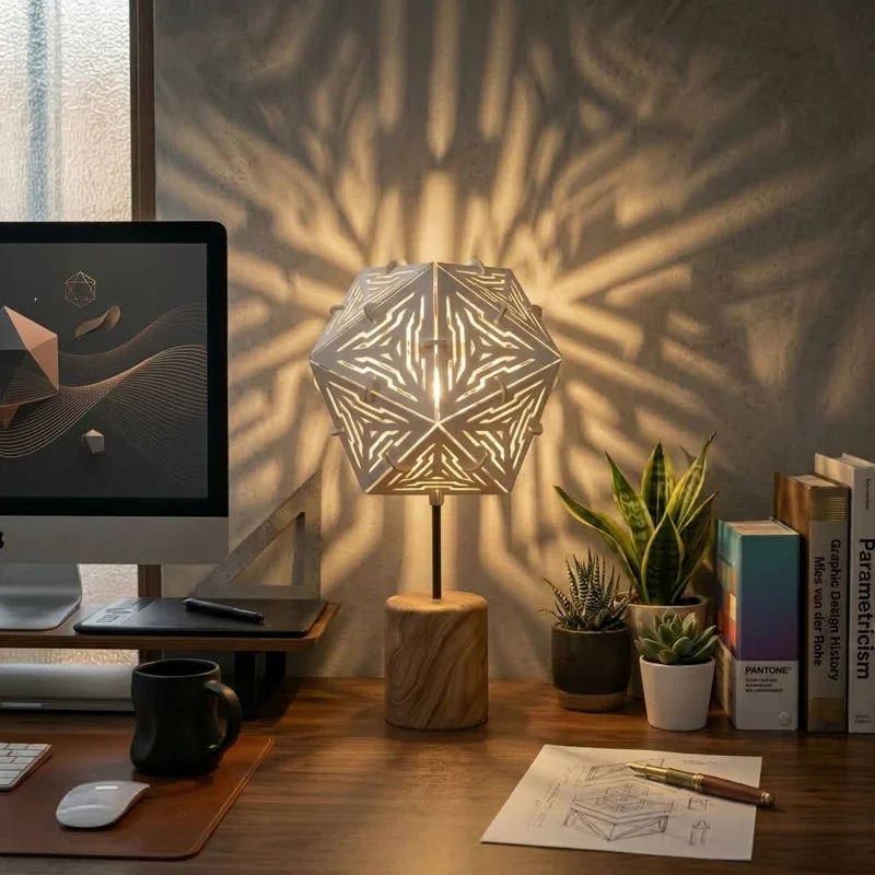 A geometric lamp on a wooden base casting patterned light across the wall above a desk