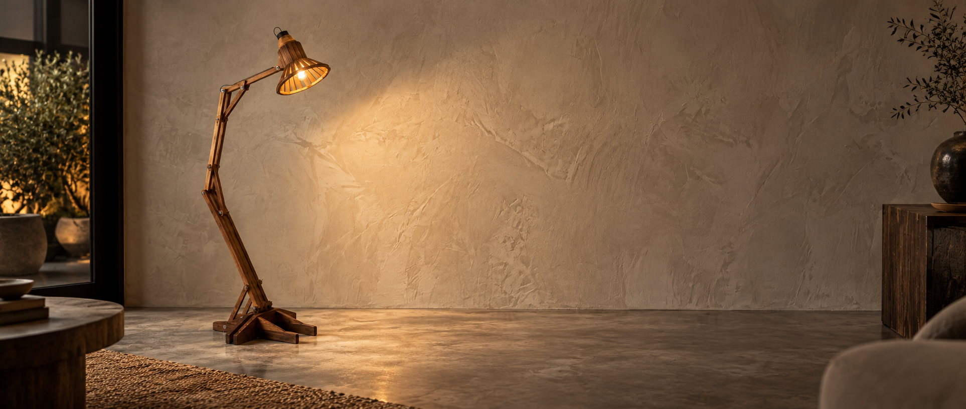Mokkou's Ogata floor lamp lit in a warm reading nook, beside a console table holding a vase of dried branches