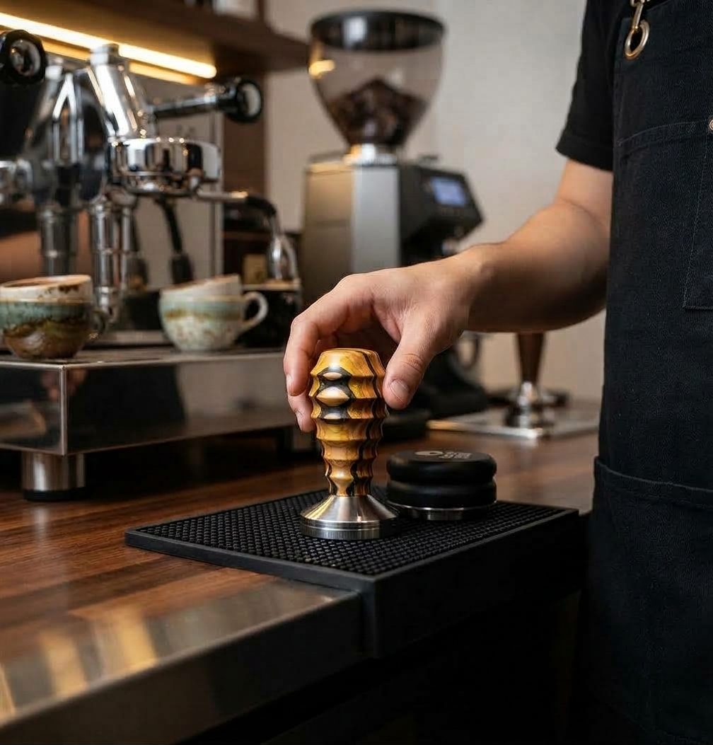 A wooden-handled espresso tamper with a polished steel base, standing on a black tamping mat at a coffee bar, with a hand resting on the handle