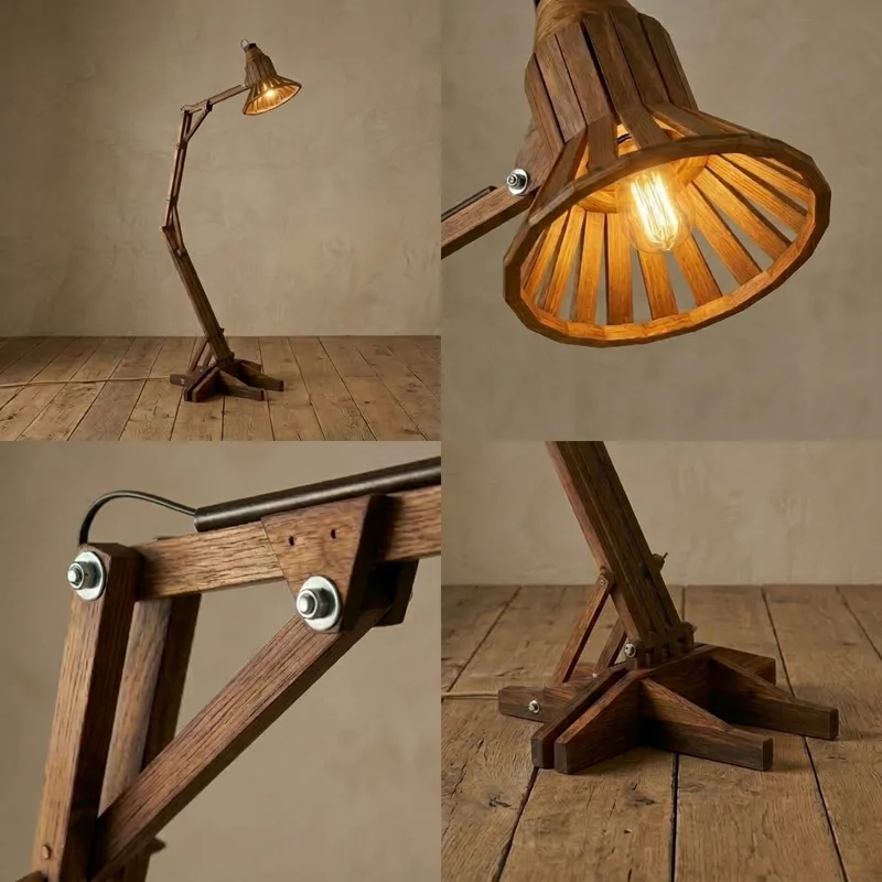 Four views of the Ogata wooden floor lamp, showing its slatted shade, jointed arm and base