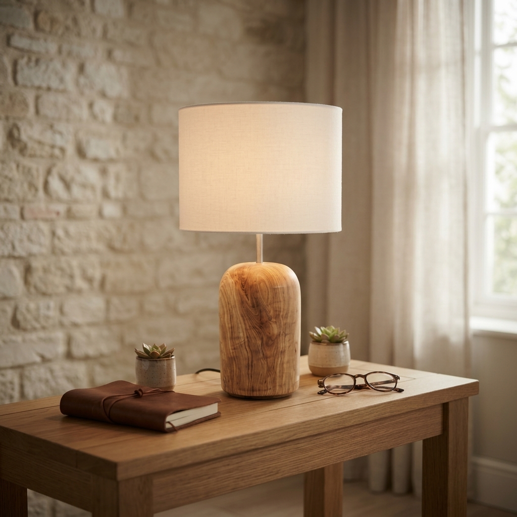 A single wooden cylinder bedside lamp with a white shade on a wooden side table beside a window