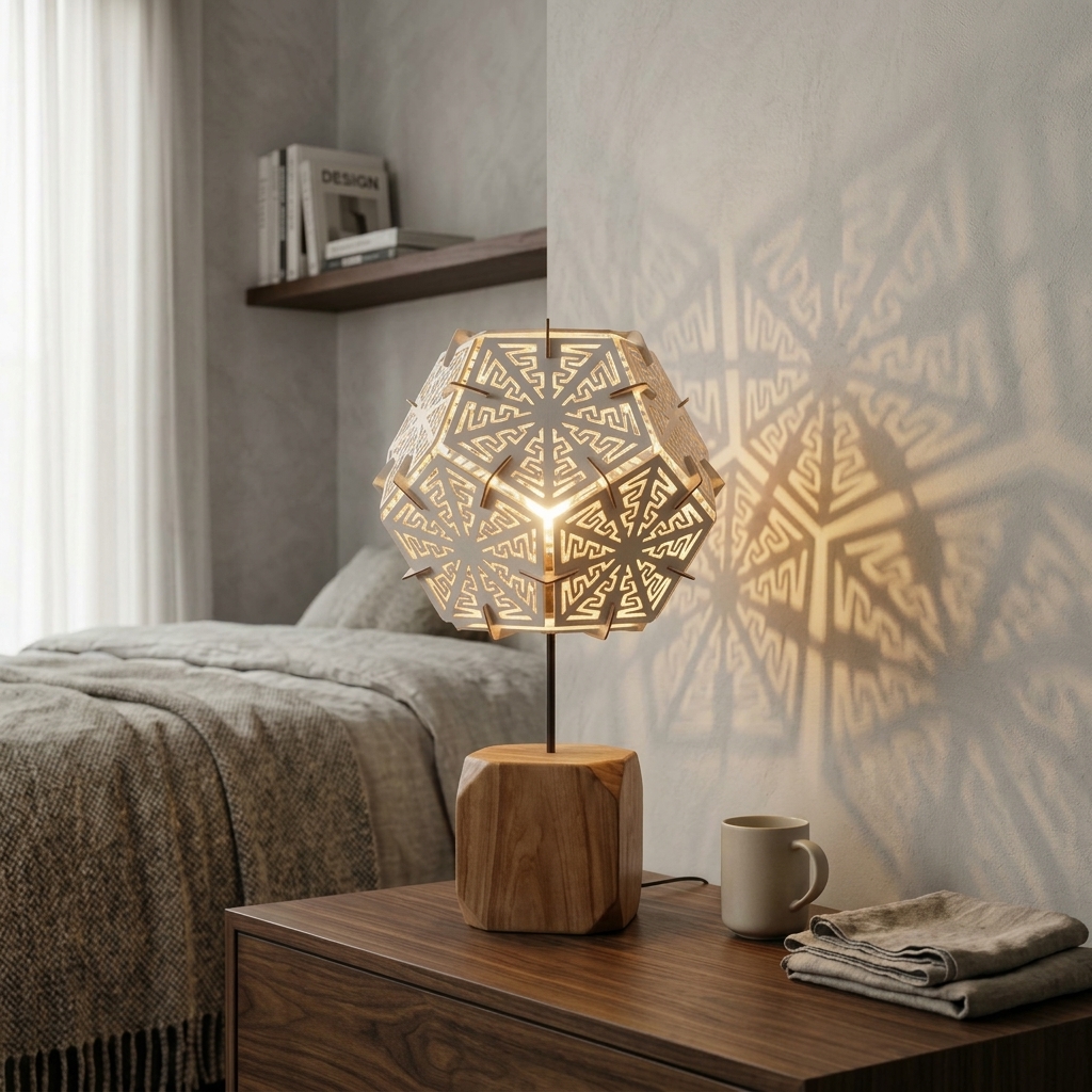 Geo Pentagon Lamp, a geometric wooden lamp by Mokkou Woodcraft