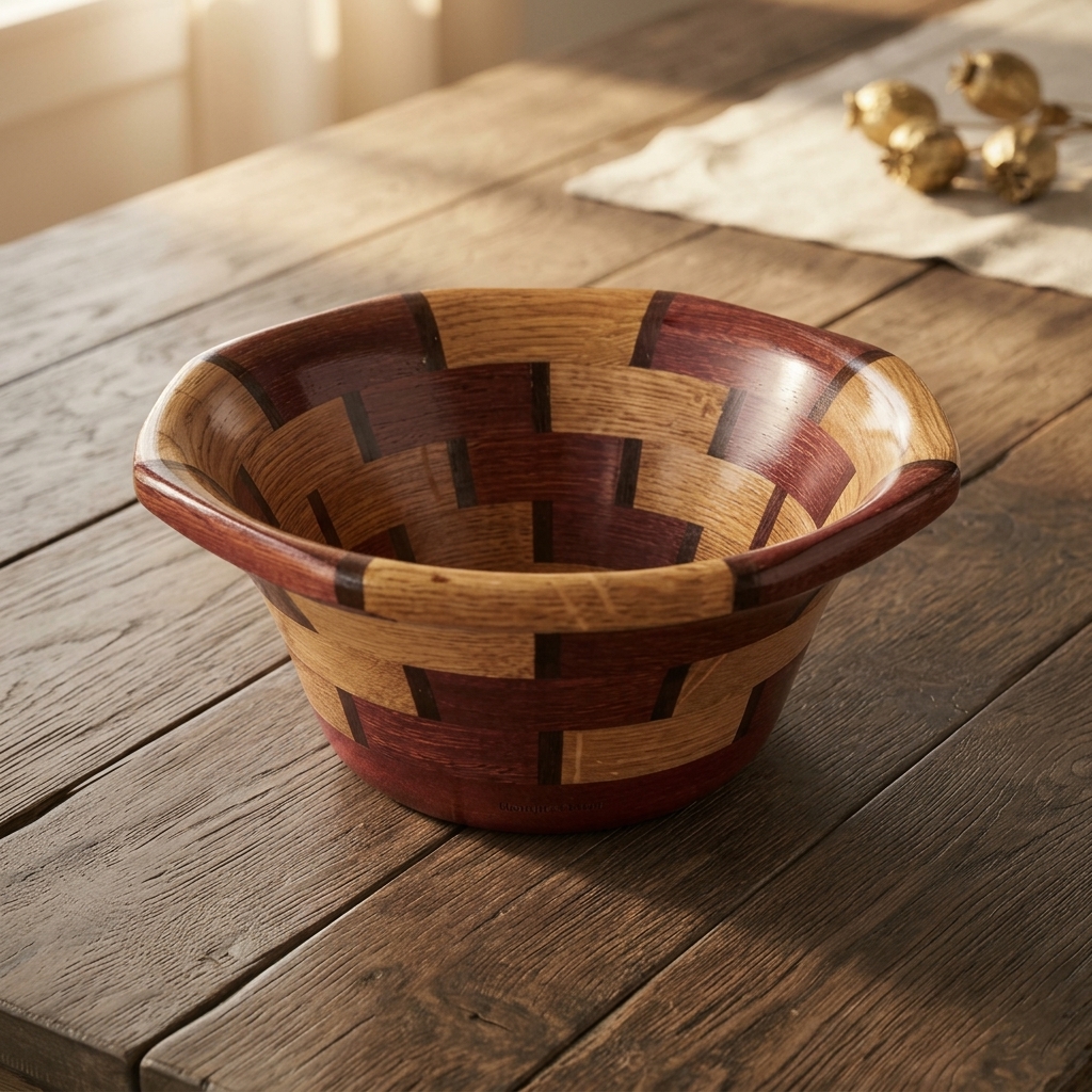 A segmented wooden bowl in alternating light and dark timbers on a rustic wooden table