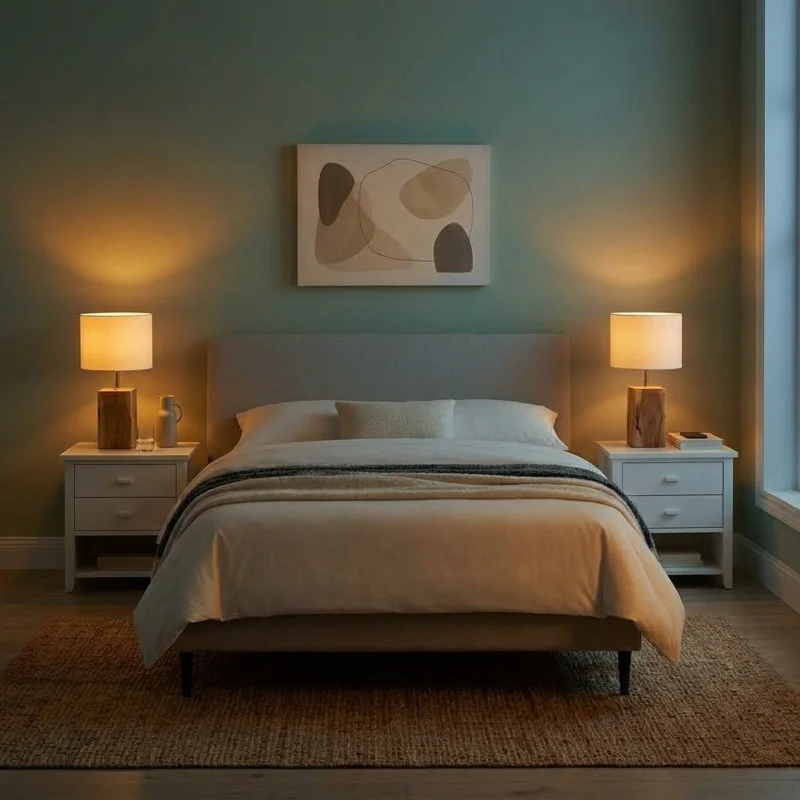 A pair of rectangular wooden bedside lamps on white nightstands beside a bed