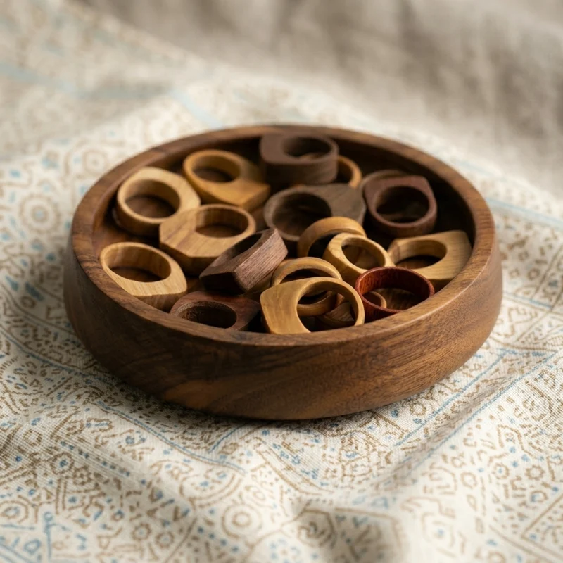 A wooden bowl filled with handmade wooden rings in several tones
