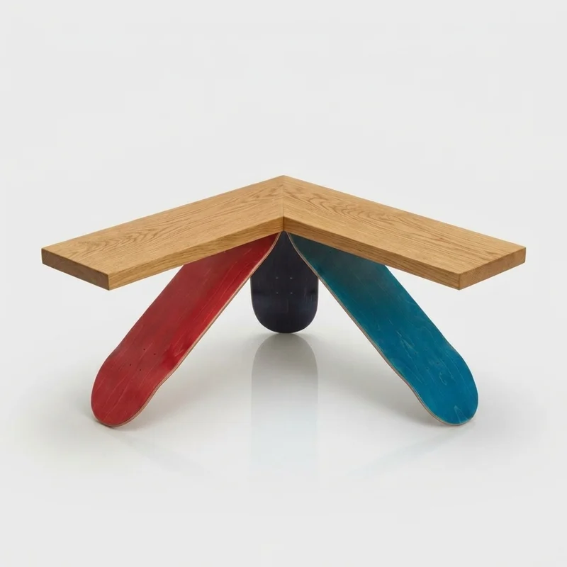 A coffee table with a wooden top resting on red, blue and black skateboard-deck legs