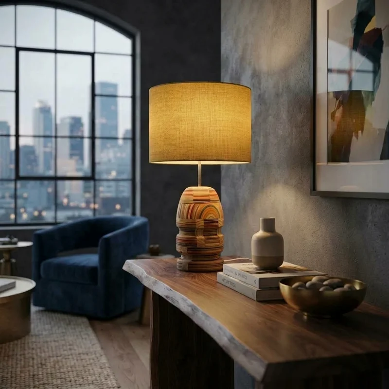 A wooden table lamp with a yellow shade on a timber console in a city-view room