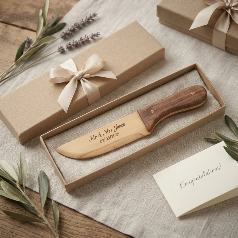 An engraved wedding cake knife with a wooden handle presented in a gift box